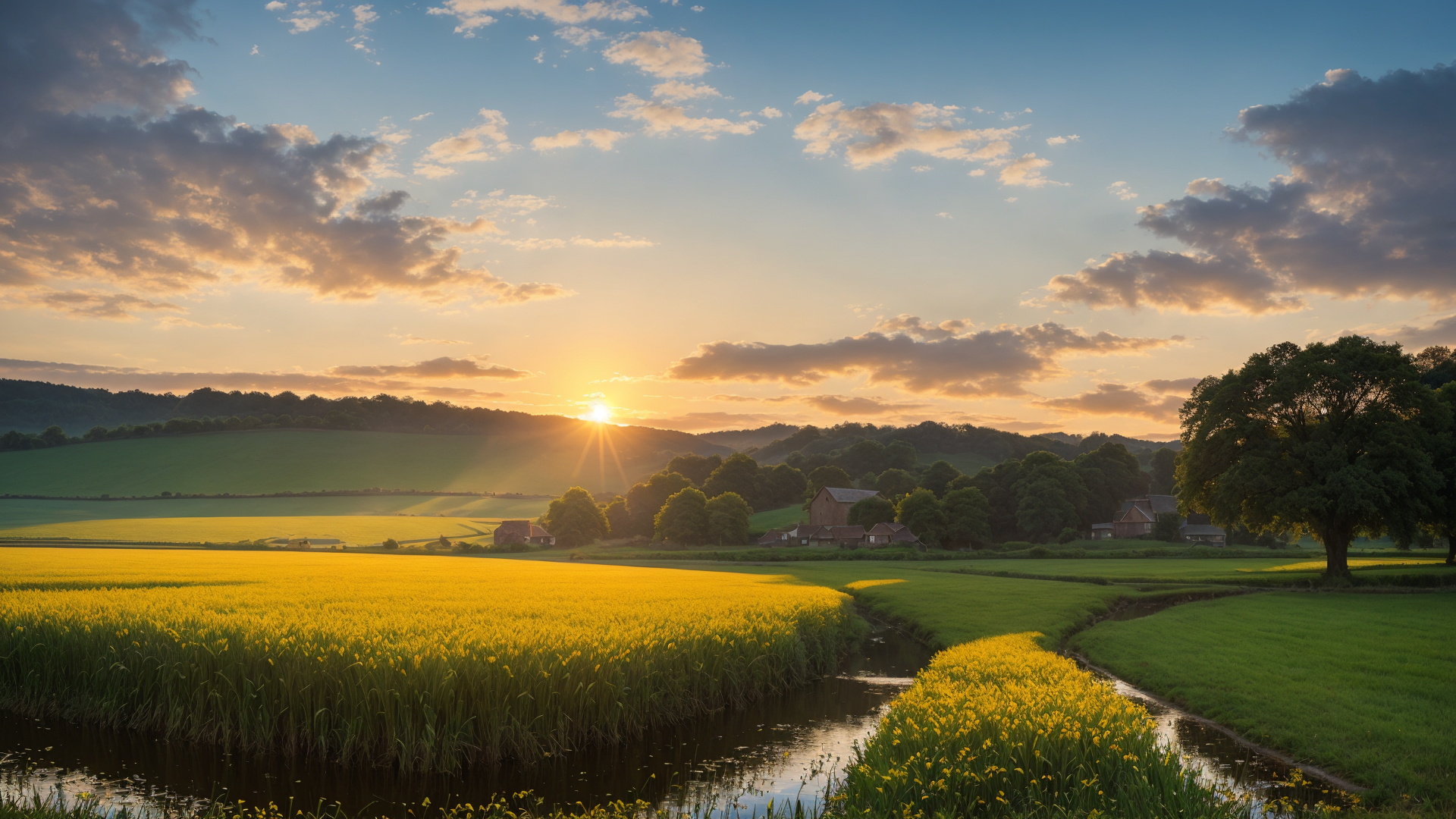 清晨绿水青山小河日出美景图片