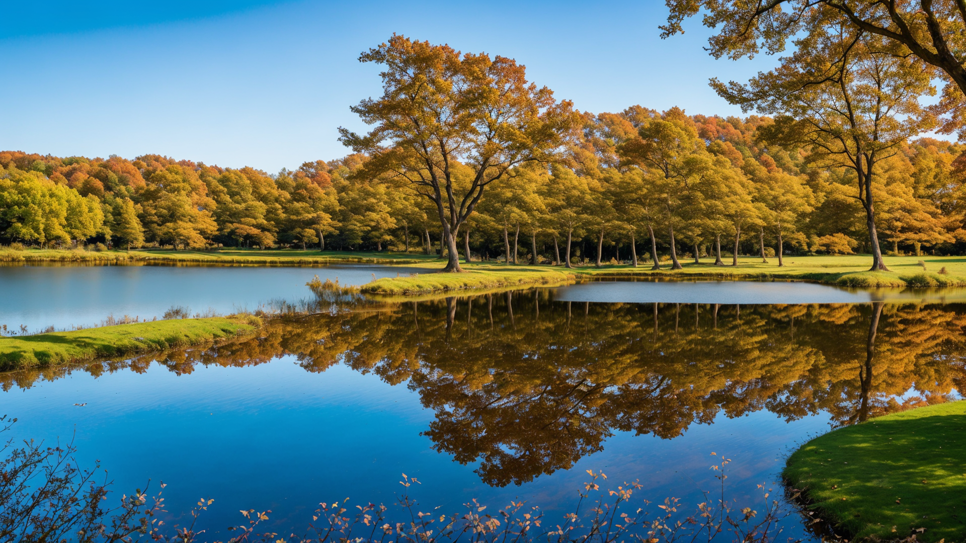 湖边树林铺满了秋天阳光的迷人气息风景图片
