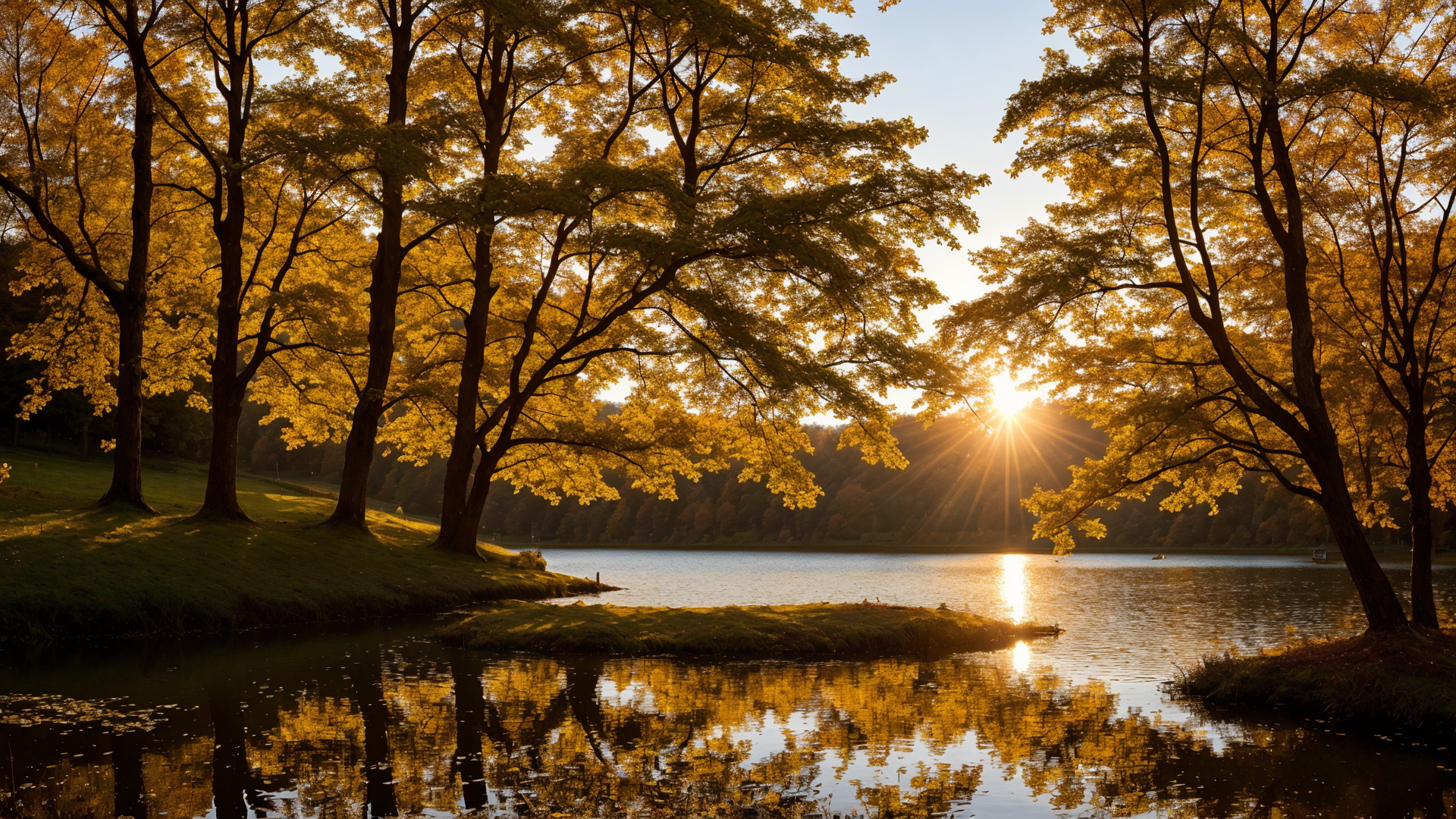 湖边树林铺满了秋天阳光的迷人气息风景图片