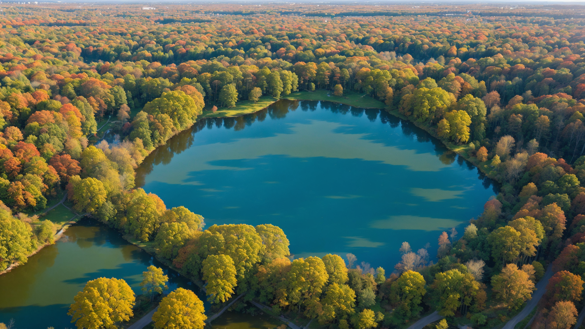 秋天阳光下焕发出湖边树林绝美的魔力风景图片
