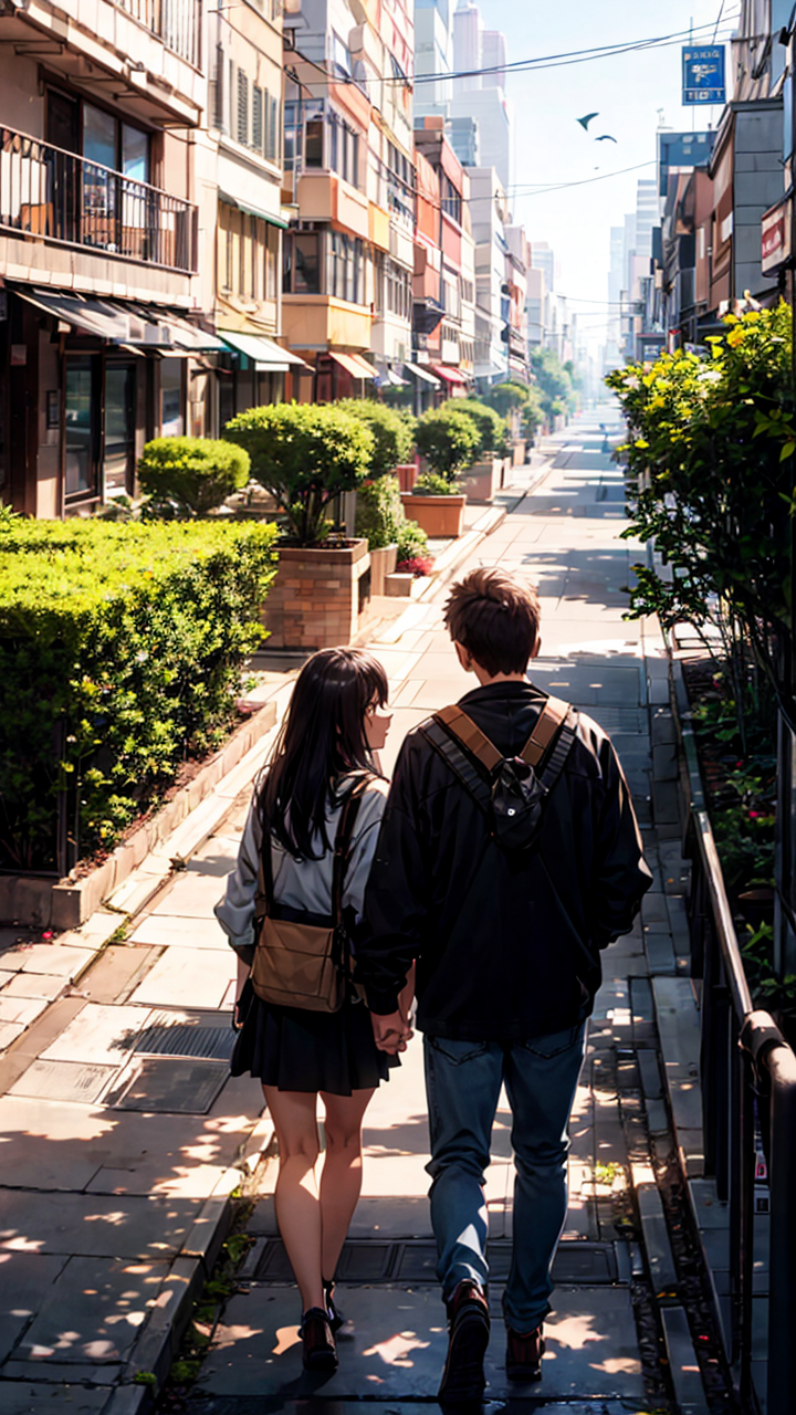 甜蜜动漫情侣街上浪漫约会手机背景图片